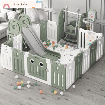 16 Panel Foldable Baby Playpen with Swing, Slide & Hoop – Green